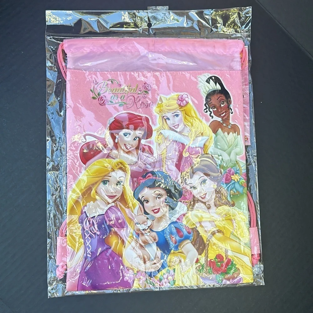 New Disney Princess Hot Pink Drawstring Bag With Coloring Book